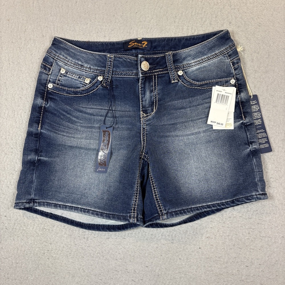 NWT SEVEN 7 Knit Denim Jean Short Madison Blue Mid- Rise Women Size 4 NEW $49